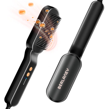 Berlaney Hair Straightener Brush,Sleek Sweep Ionic Straightening Brush with 6 Temperature Adjust, Anti-Scald Ceramic Hair Straightener Comb Fast Heating for Home Salon, Dual Voltage, Black