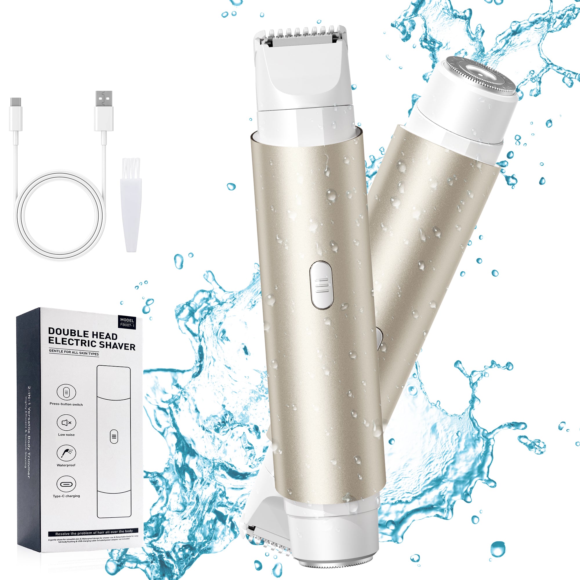 Berlaney 2 in 1 Women Electric Shaver Dual Head Bikini Trimmer for Women Wet & Dry Use Body Hair Trimmer and Facial Hair Remover for Bikini Underarm Leg Arm Body Face, Frosted Metallic Yellow