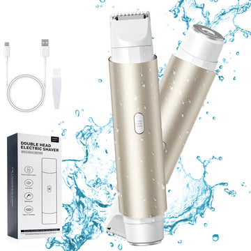 Berlaney 2 in 1 Women Electric Shaver Dual Head Bikini Trimmer for Women Wet & Dry Use Body Hair Trimmer and Facial Hair Remover for Bikini Underarm Leg Arm Body Face, Frosted Metallic Yellow