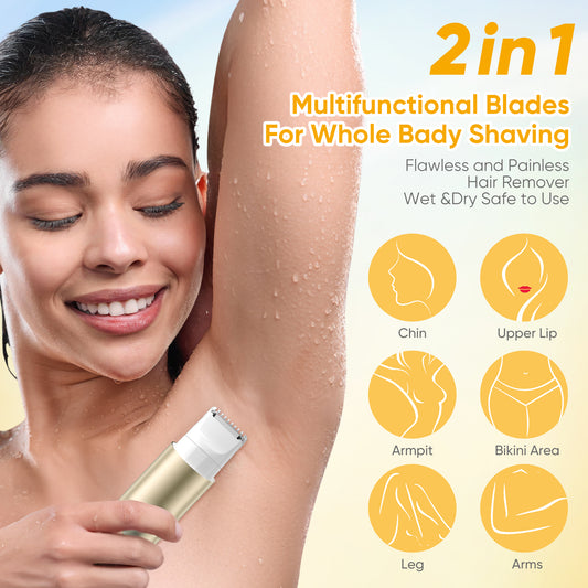 Berlaney 2 in 1 Women Electric Shaver Dual Head Bikini Trimmer for Women Wet & Dry Use Body Hair Trimmer and Facial Hair Remover for Bikini Underarm Leg Arm Body Face, Frosted Metallic Yellow
