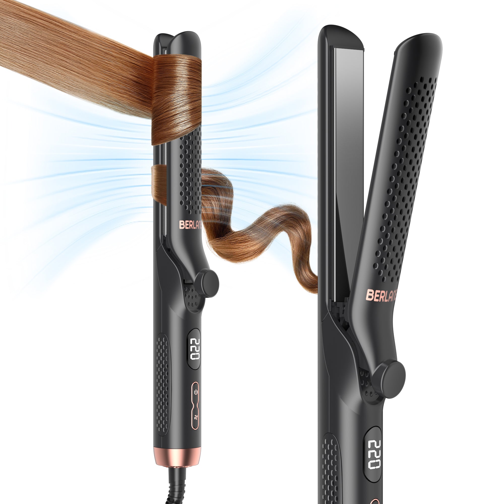 Berlaney 360° Airflow Styler, 3-in-1 Curling Wand & Titanium Flat Iron Professional Hair Straightener and Curler with Cooling Air Vents to Lock in Style, 5 Temp Setting, Anti-Scald