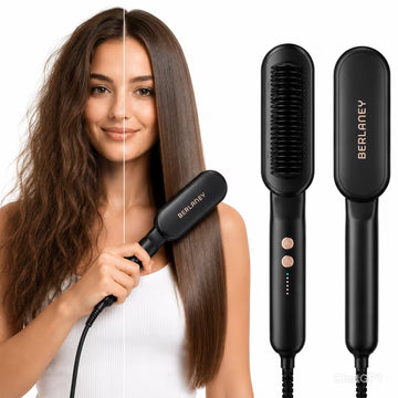 Berlaney Lonic Hair Straightener Brush With 5 Temp Adjust, Heat Protect Ceramic, Fast Heating Dual Voltage For Women Home Salon - Black
